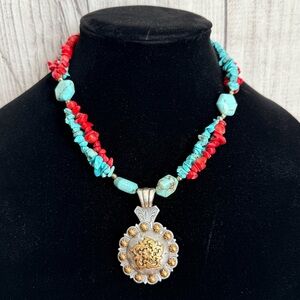 Western Cowgirl Necklace Chunky Turquoise Howlite and Coral with Floral Pendant